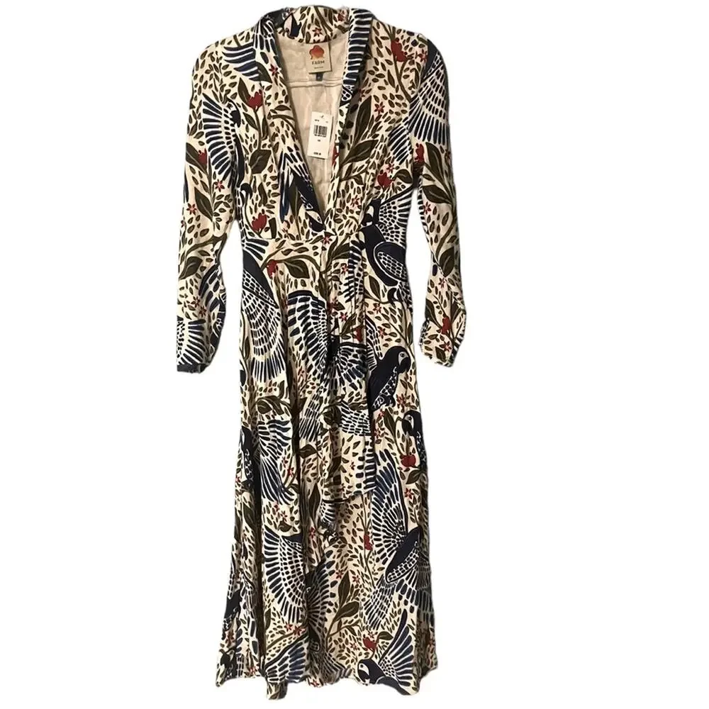 FARM Rio Blue Macaw Flight Deep V Boho Artsy Maxi Dress Size XS NWT - Picture 5 of 7